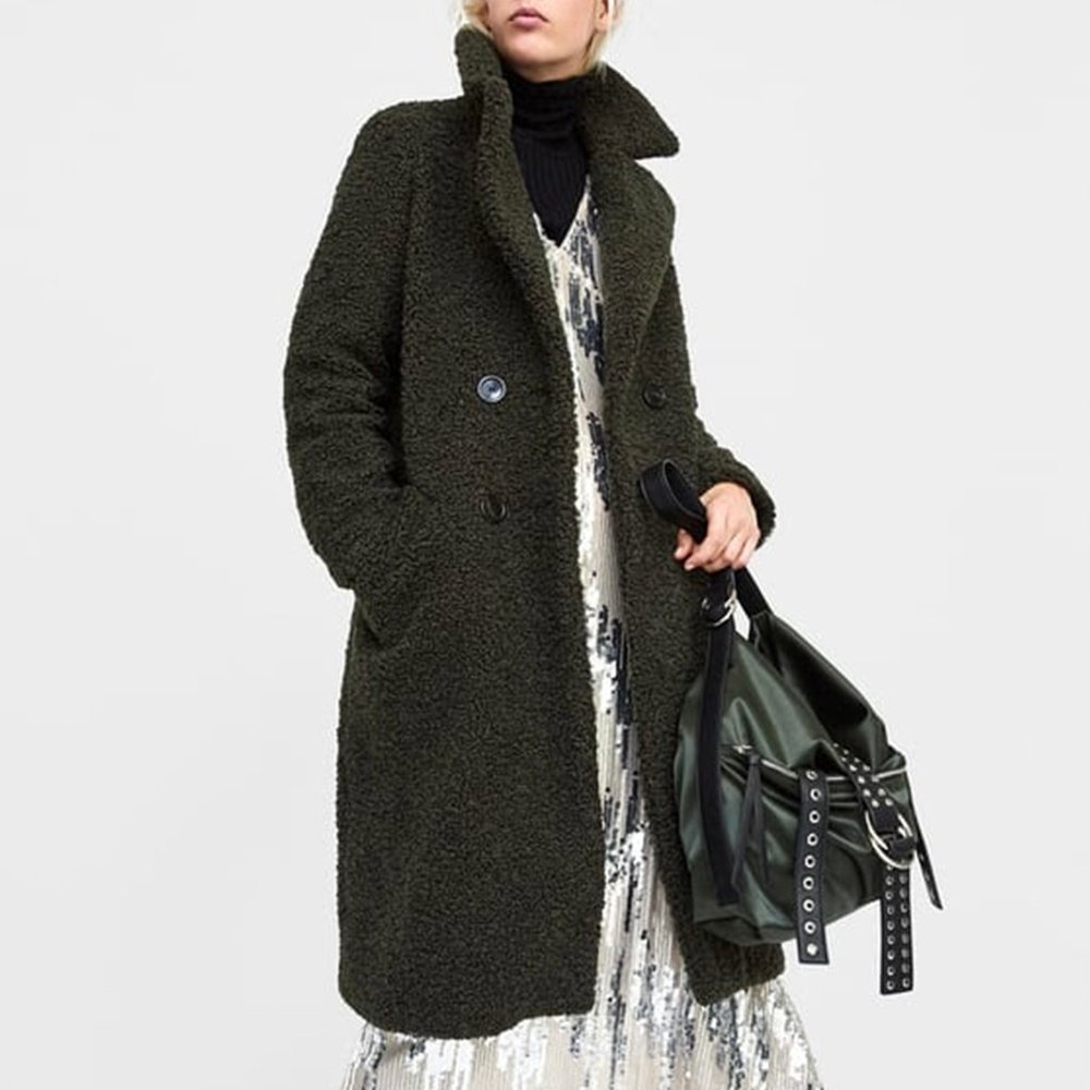 Long Army Green Teddy Jacket (Zara)